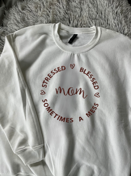 MOM Stressed Blessed Always A Mess embroidered crewneck sweatshirt Bella + Canvas